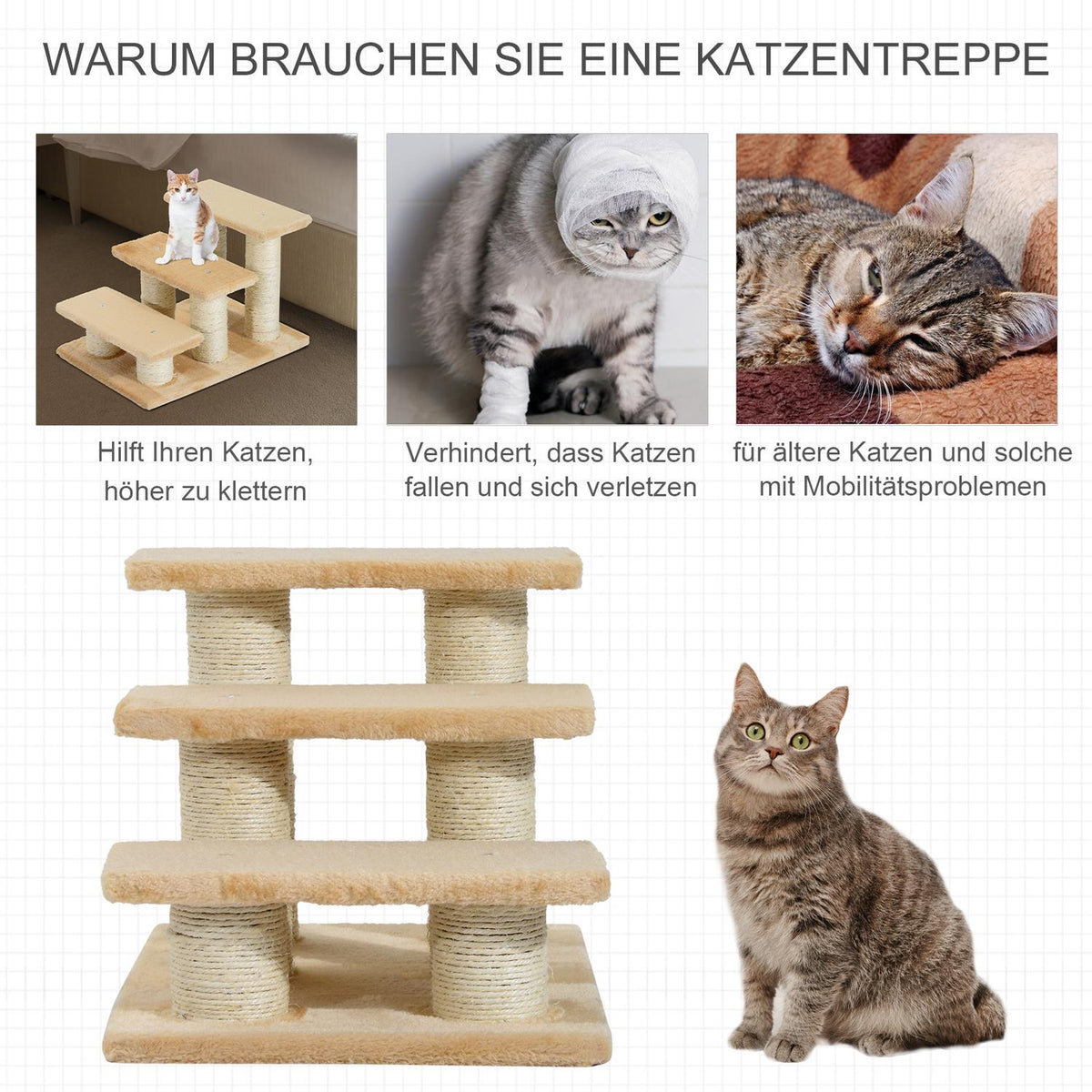 Animal Stairs For Cats And Dogs 3-Step Dog Stairs, Plush, Cream, 45X35X34 Cm