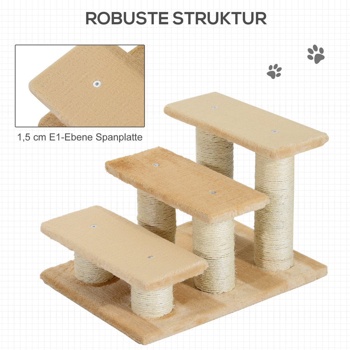 Animal Stairs For Cats And Dogs 3-Step Dog Stairs, Plush, Cream, 45X35X34 Cm