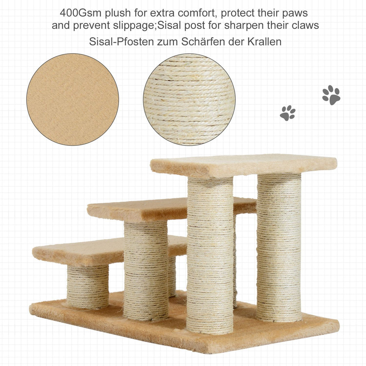 Animal Stairs For Cats And Dogs 3-Step Dog Stairs, Plush, Cream, 45X35X34 Cm