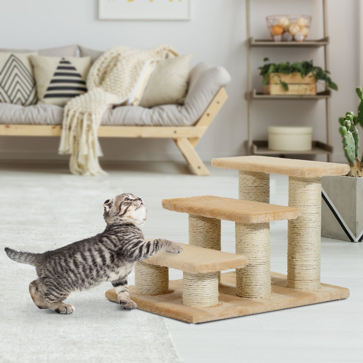 Animal Stairs For Cats And Dogs 3-Step Dog Stairs, Plush, Cream, 45X35X34 Cm