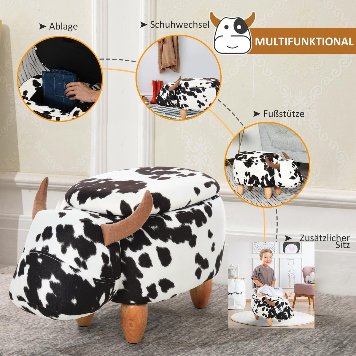 Animal Stool Decorative Stool With Storage Space, Upholstered Stool In Pig Design, Black+White, 62X35X36Cm