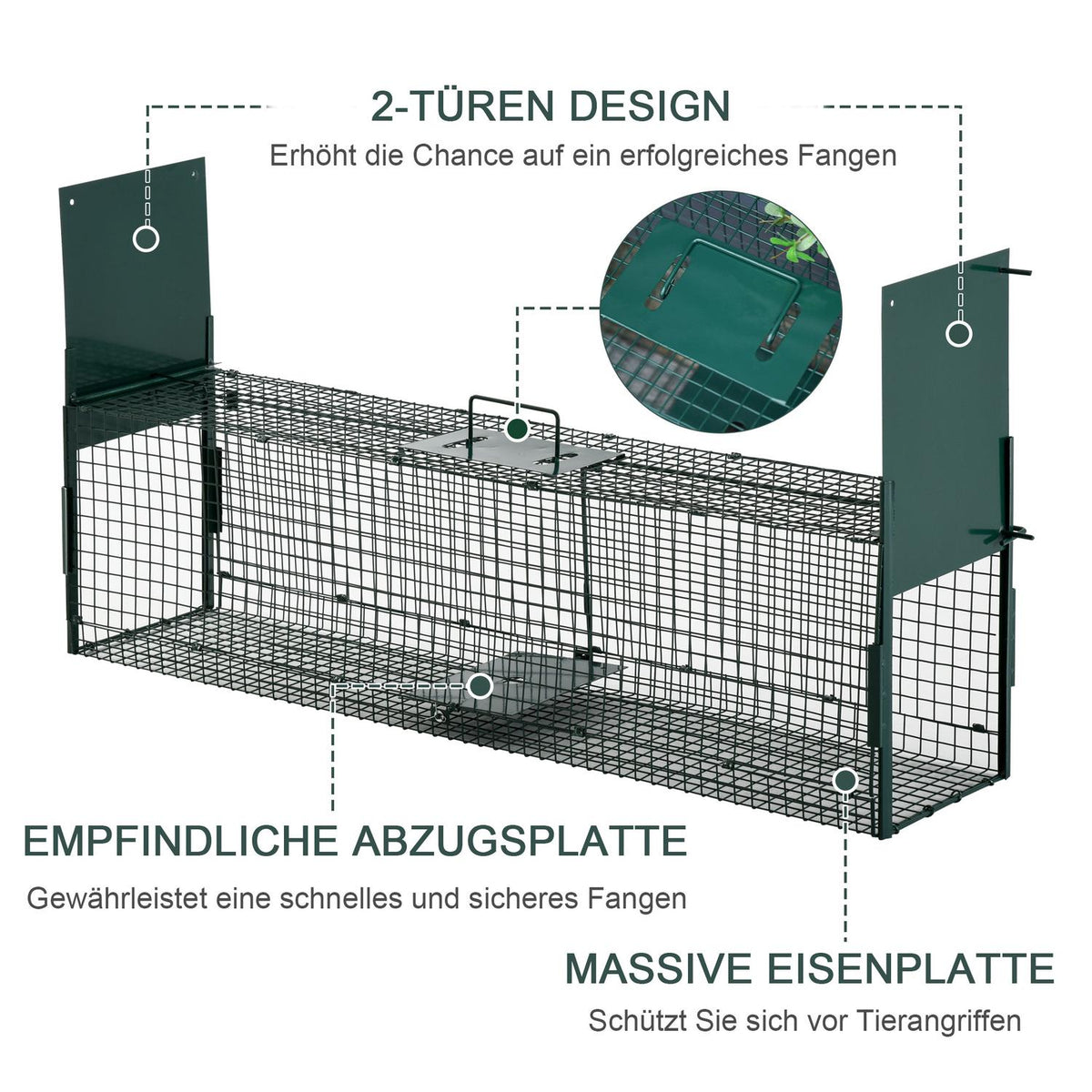 Animal Trap Marten Trap With 2 Entrances, Trap For Rabbits & Cats, Metal, Dark Green, 100X25X28Cm