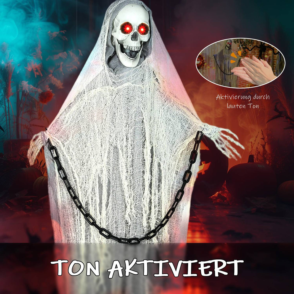 Animated Grim Reaper Halloween Decor, 183cm, Light-Up Eyes