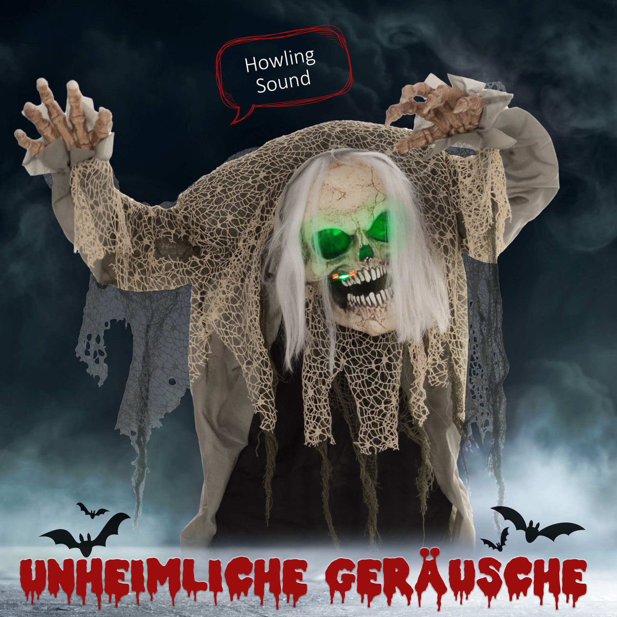 Animated Halloween Skeleton Ghost with Red Eyes, 160 cm