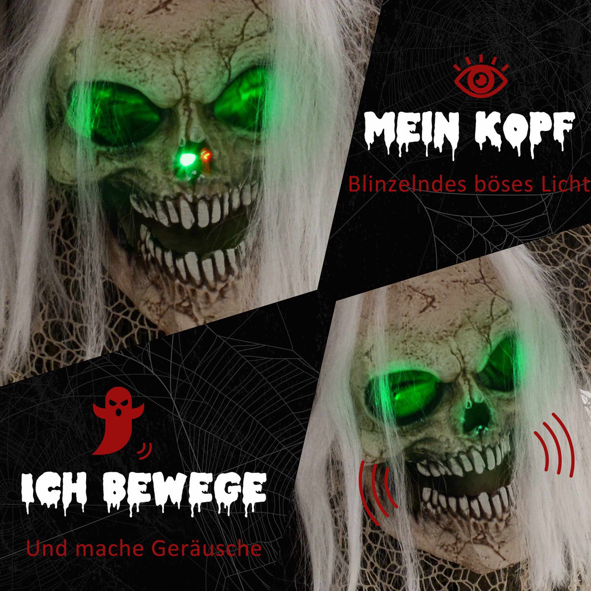Animated Halloween Skeleton Ghost with Red Eyes, 160 cm