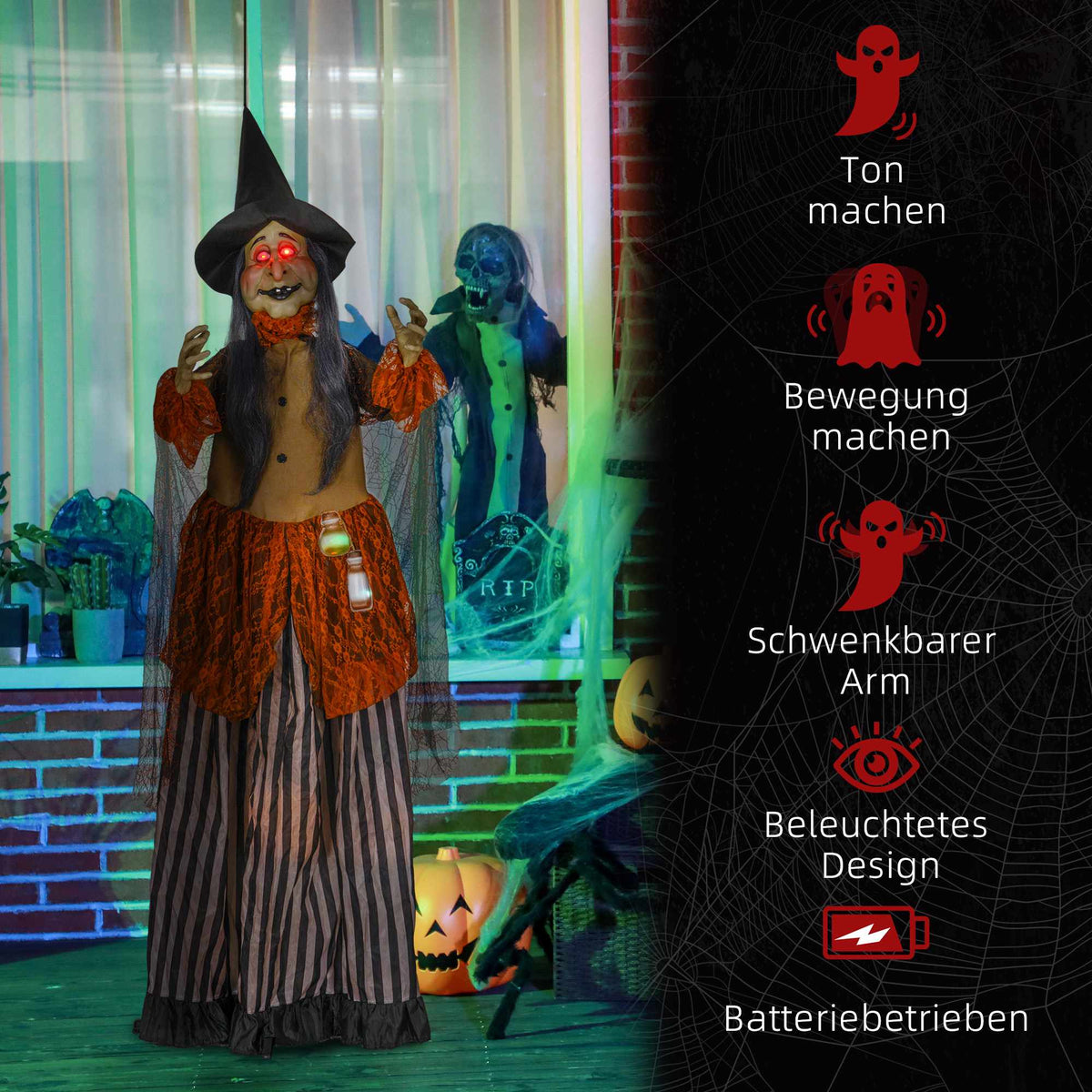Animated Halloween Witch Decoration with Red Eyes, 183 cm