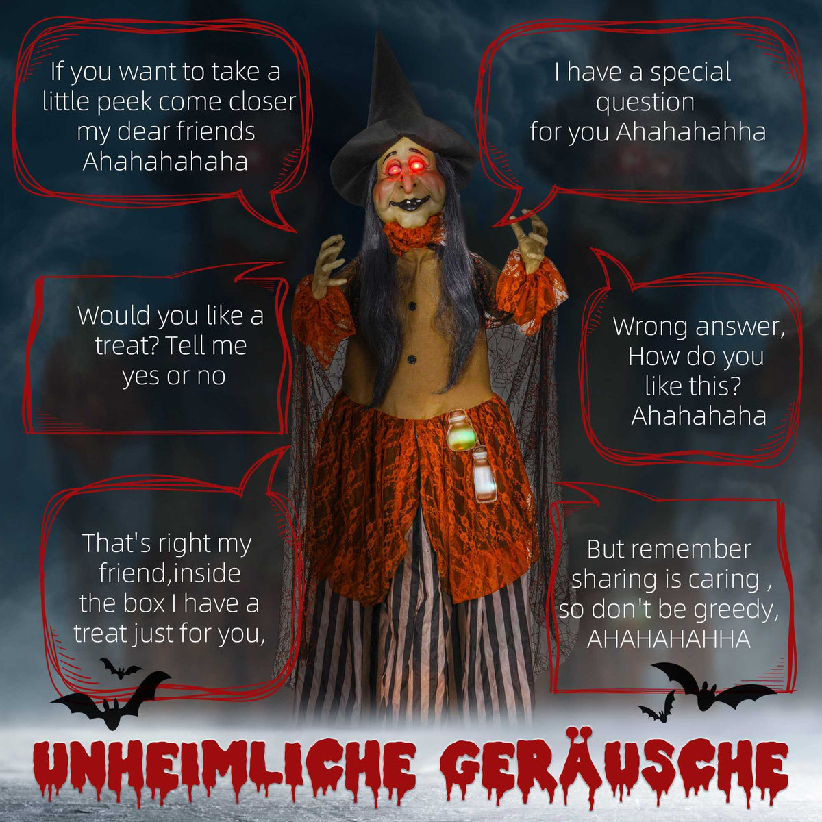 Animated Halloween Witch Decoration with Red Eyes, 183 cm
