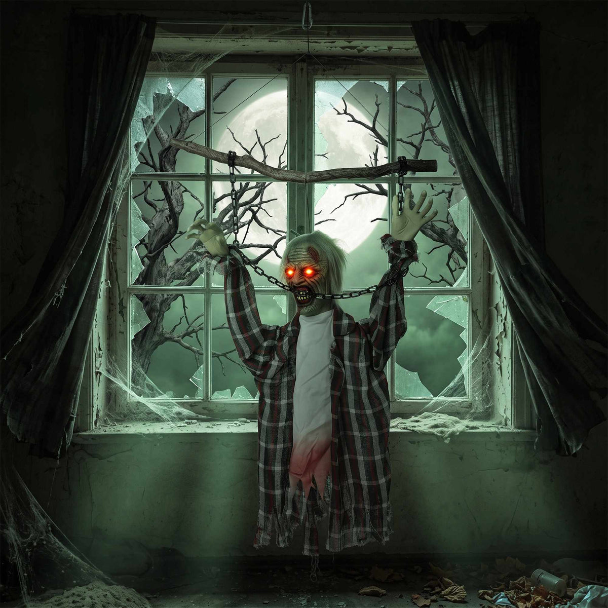 Animated Hanging Zombie Halloween Decor, 110 cm, Red LED Eyes