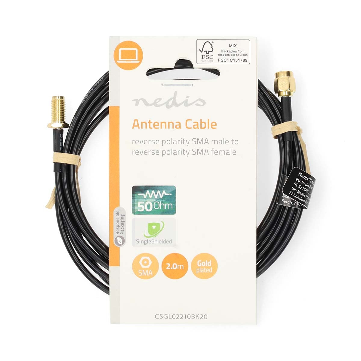 Antenna cable | RP SMA Male | RP SMA Female | Gold Plated | 50 Ohm | Single shell protection | 2.00 m | Round | PVC | Black | Label