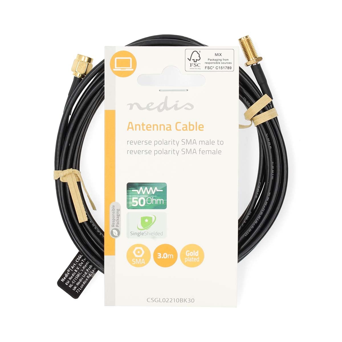 Antenna cable | RP SMA Male | RP SMA Female | Gold Plated | 50 Ohm | Single shell protection | 3.00 m | Round | PVC | Black | Label