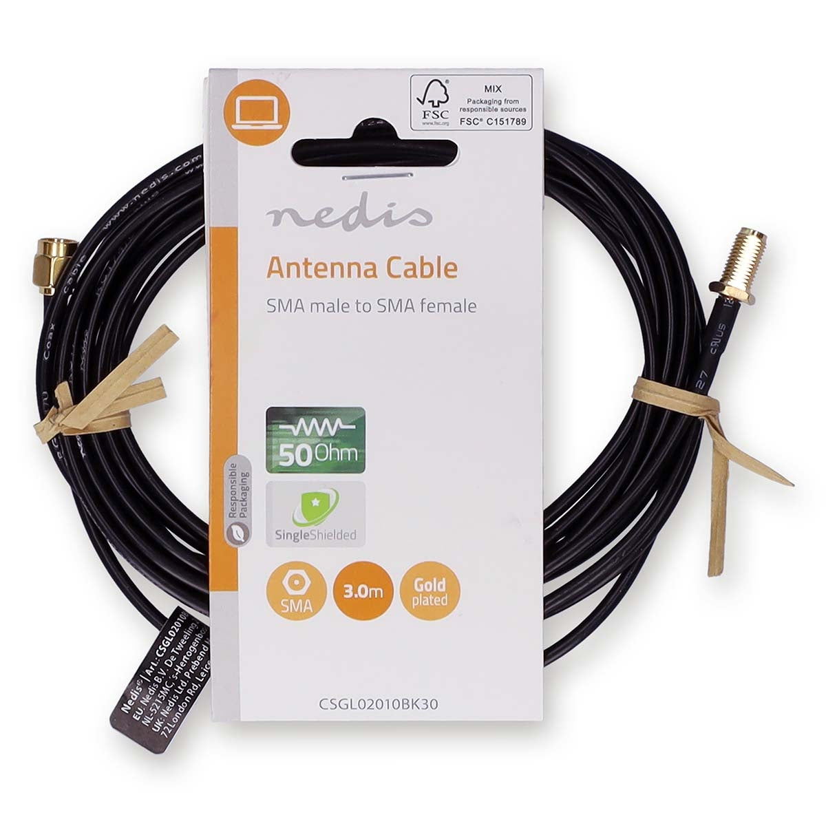 Antenna cable | SMA Male | SMA Female | Gold Plated | 50 Ohm | Single shell protection | 3.00 m | Round | PVC | Black | Label