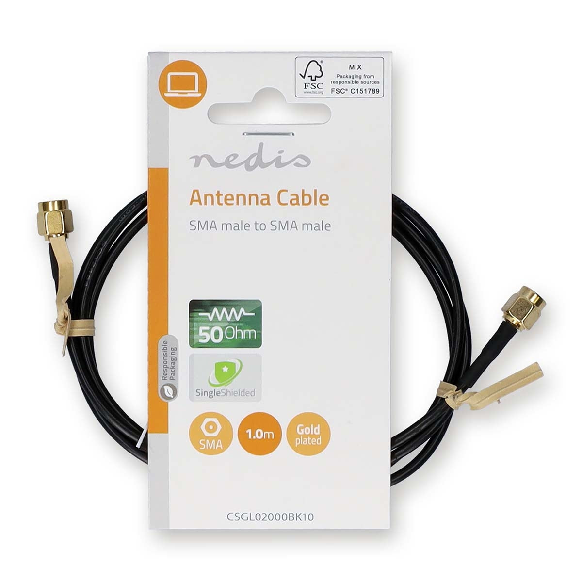 Antenna cable | SMA Male | SMA Male | Gold Plated | 50 Ohm | Single shell protection | 1.00 m | Round | PVC | Black | Label