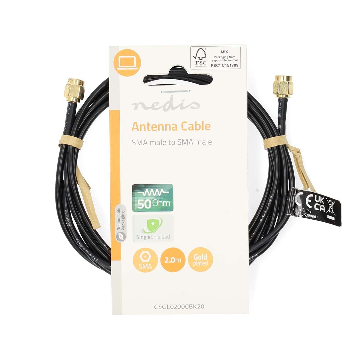 Antenna cable | SMA Male | SMA Male | Gold Plated | 50 Ohm | Single shell protection | 2.00 m | Round | PVC | Black | Label