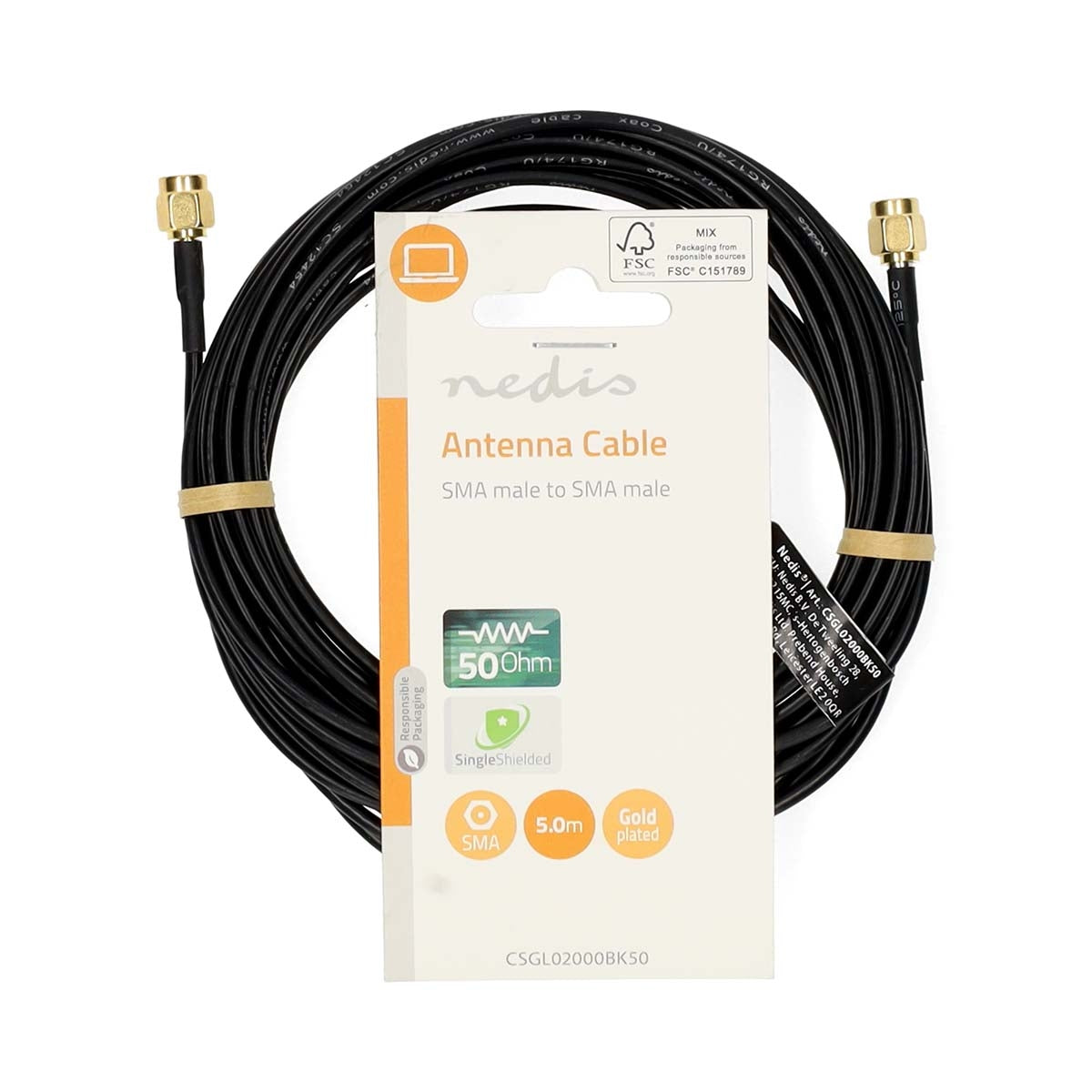 Antenna cable | SMA Male | SMA Male | Gold Plated | 50 Ohm | Single shell protection | 5.00 m | Round | PVC | Black | Label