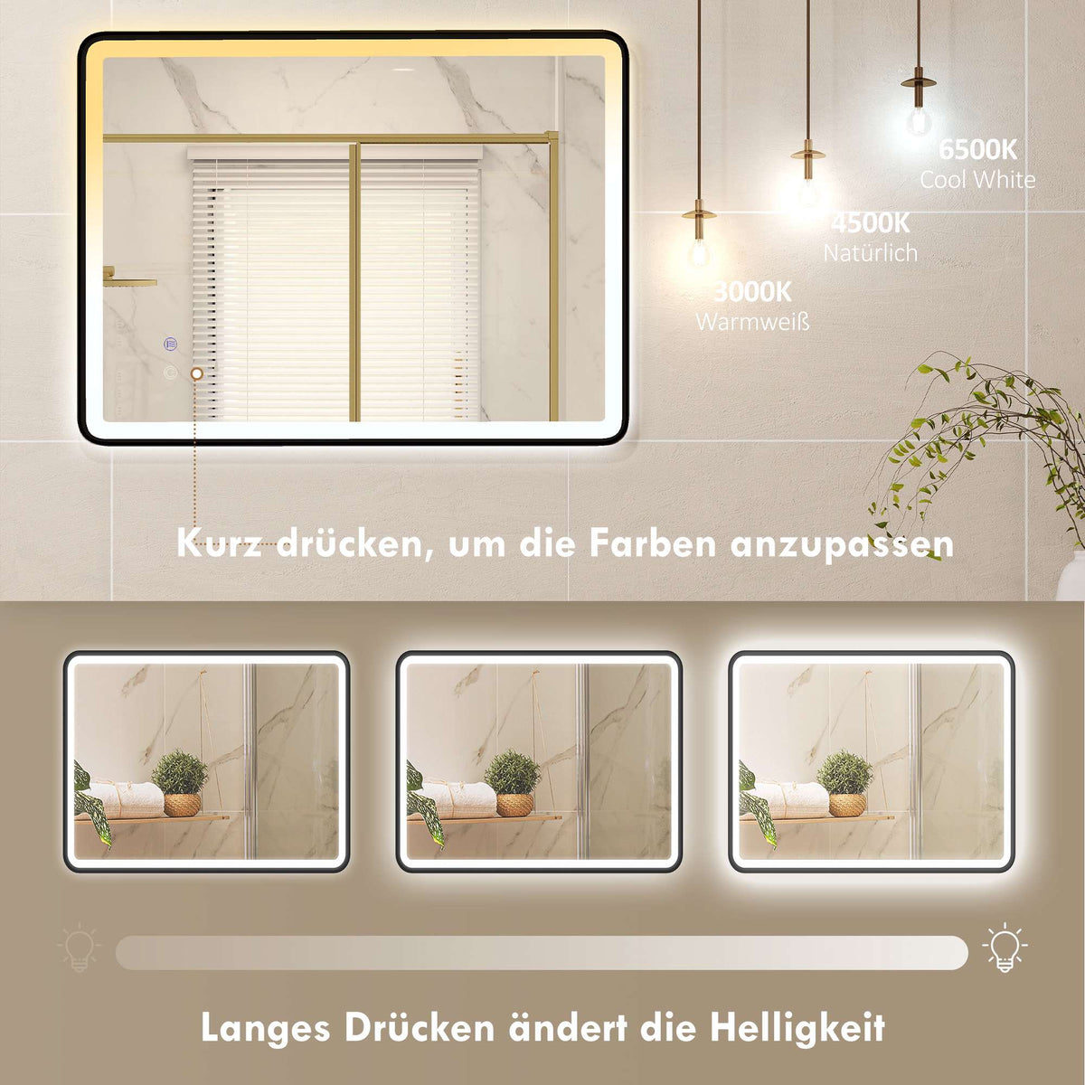 Anti-Fog LED Bathroom Mirror, Dimmable, 80x60 cm