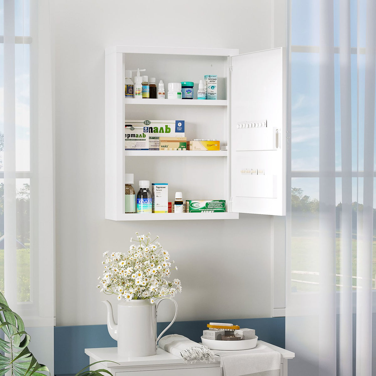 Apothecary Cabinet Wall Mounted Lockable 2 Keys Steel White 40X15X53.5Cm