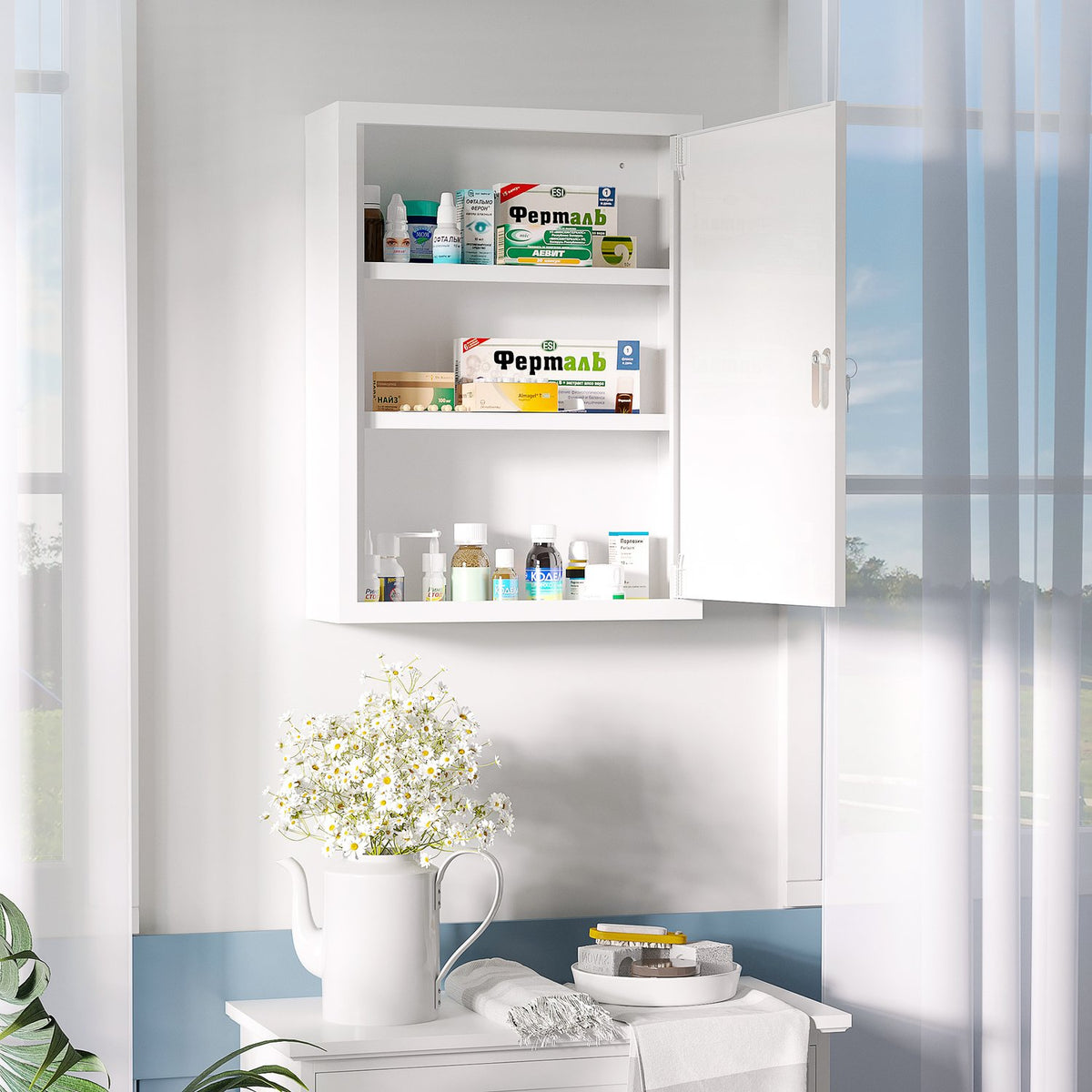 Apothecary Cabinet Wall Mounted Lockable 2 Keys Steel White 40X15X53.5Cm