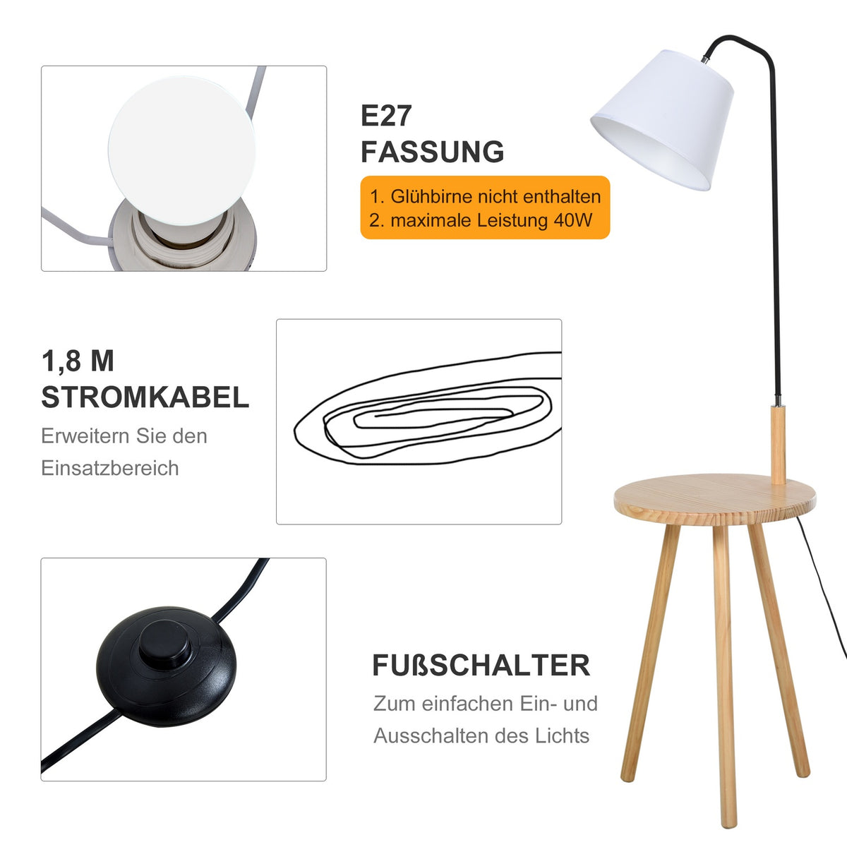 Arc Lamp For Living Room Floor Lamp With Wooden Table In Scandinavian Style, Steel, White, 42X42X144Cm
