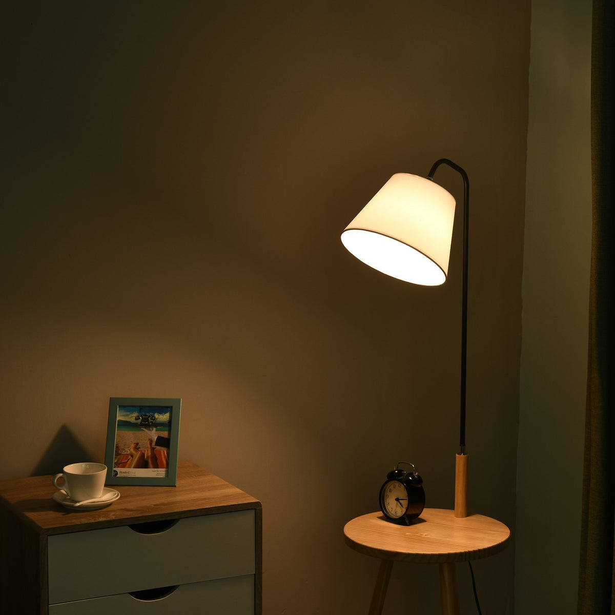 Arc Lamp For Living Room Floor Lamp With Wooden Table In Scandinavian Style, Steel, White, 42X42X144Cm