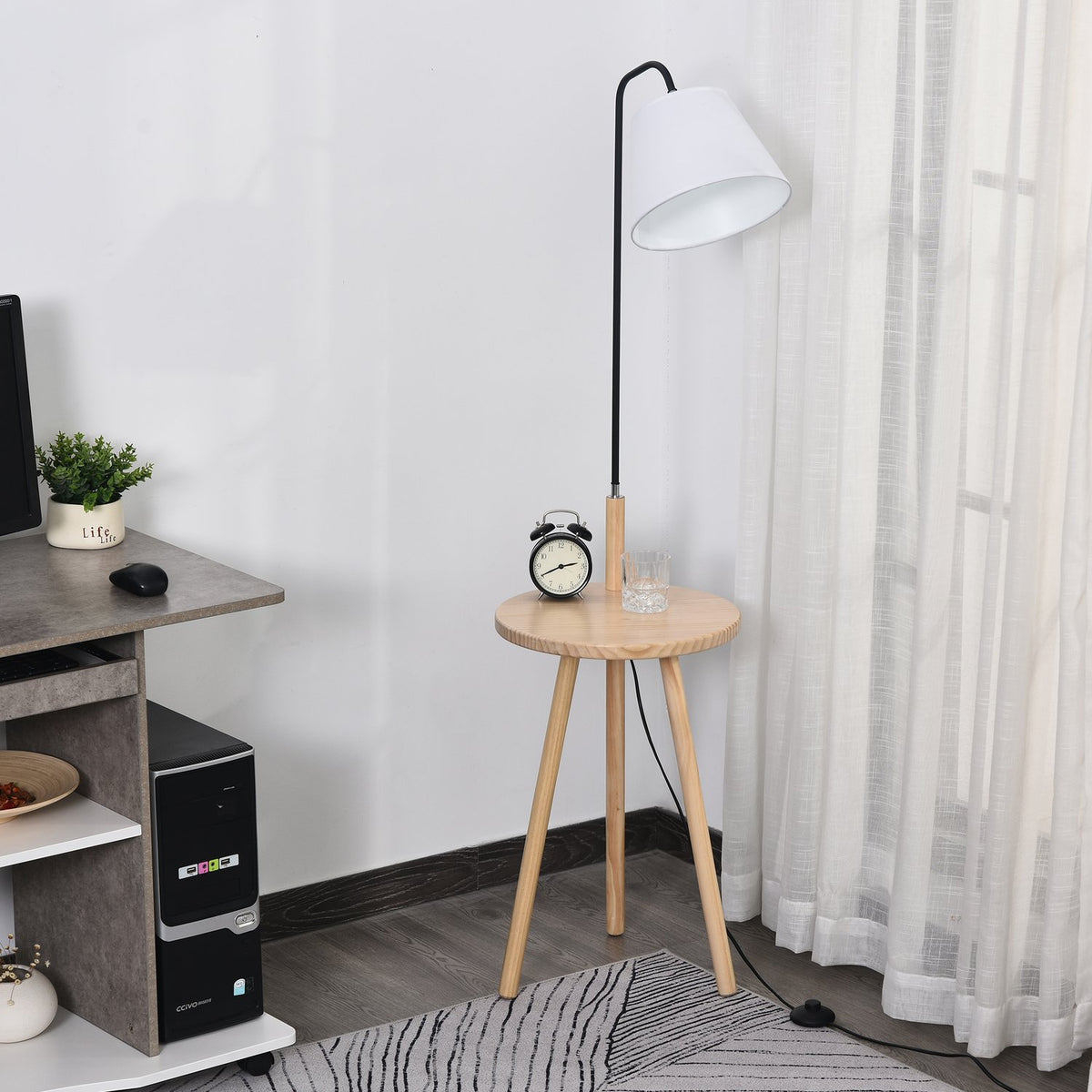 Arc Lamp For Living Room Floor Lamp With Wooden Table In Scandinavian Style, Steel, White, 42X42X144Cm