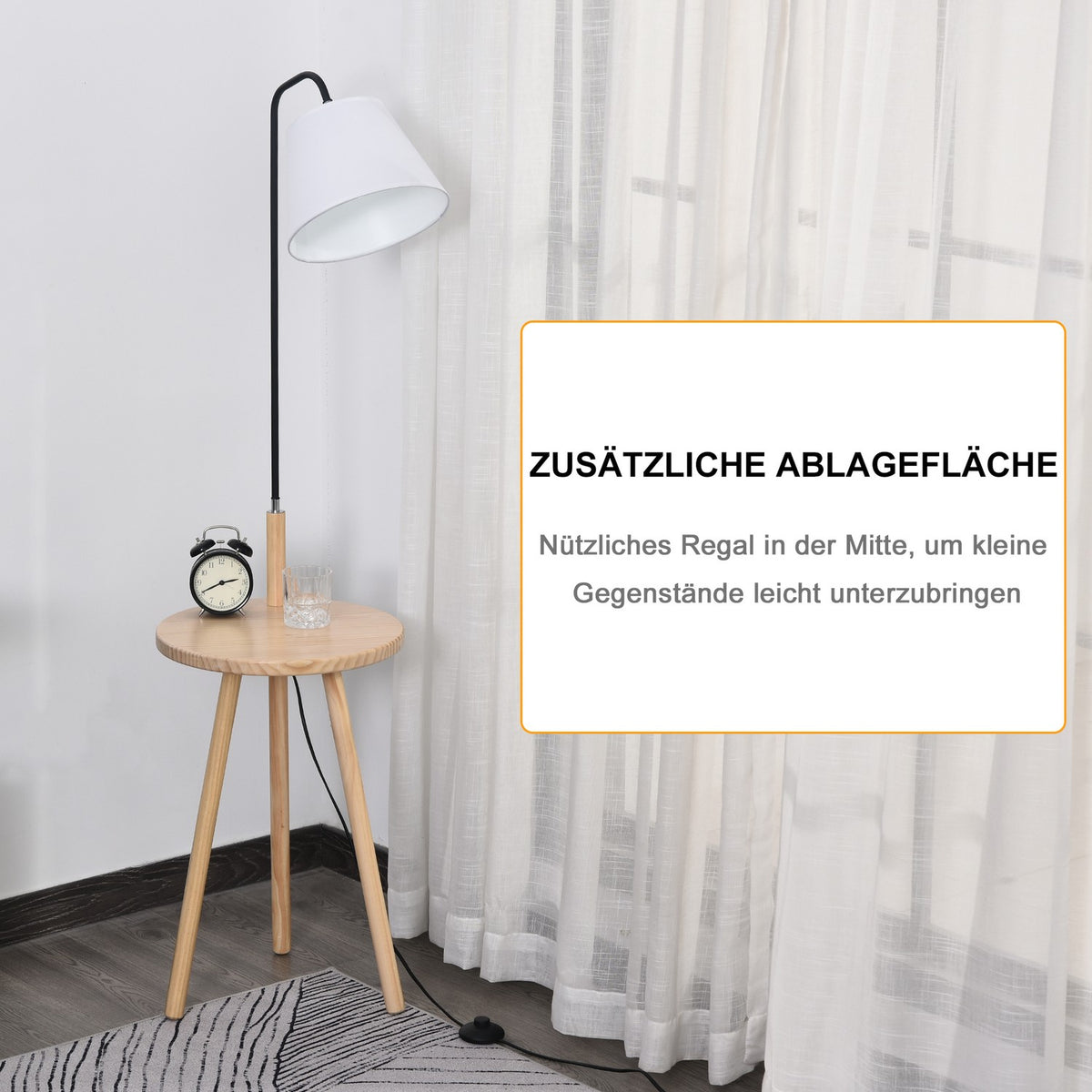 Arc Lamp For Living Room Floor Lamp With Wooden Table In Scandinavian Style, Steel, White, 42X42X144Cm