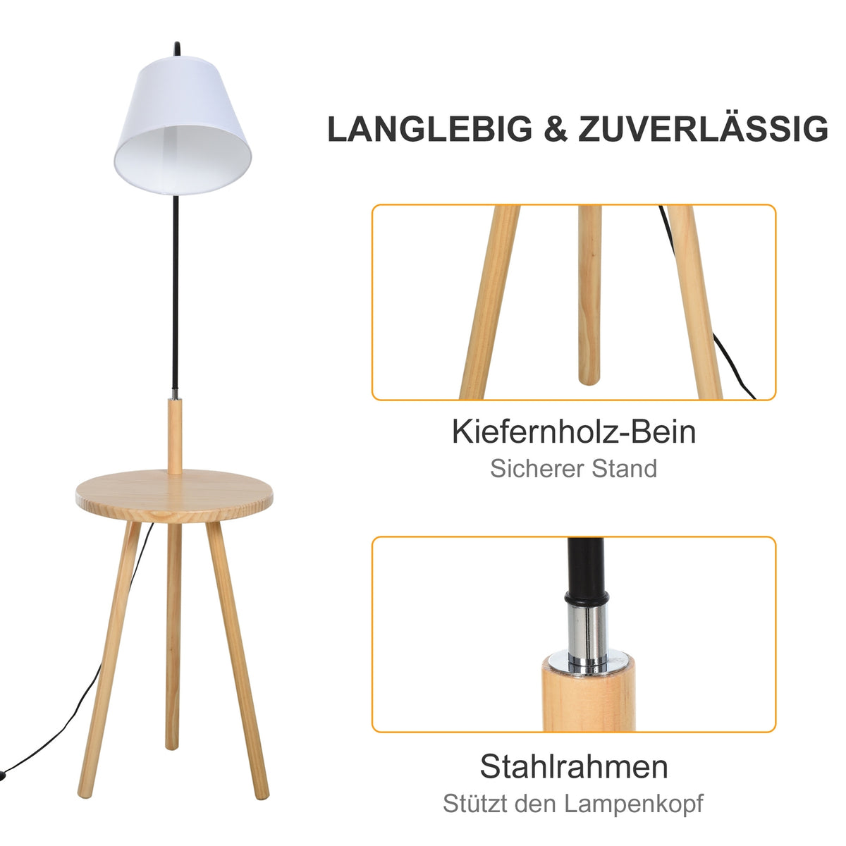 Arc Lamp For Living Room Floor Lamp With Wooden Table In Scandinavian Style, Steel, White, 42X42X144Cm