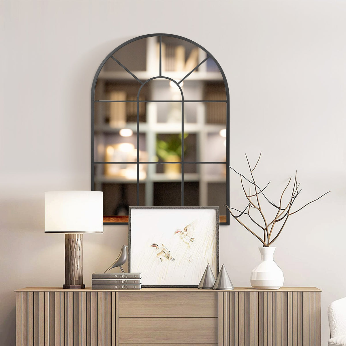 Arched Window Wall Mirror 91X60Cm Metal Frame Glass For Living Room Bedroom Dining Room Hallway Black