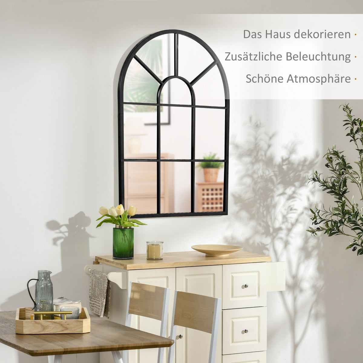 Arched Window Wall Mirror 91X60Cm Metal Frame Glass For Living Room Bedroom Dining Room Hallway Black