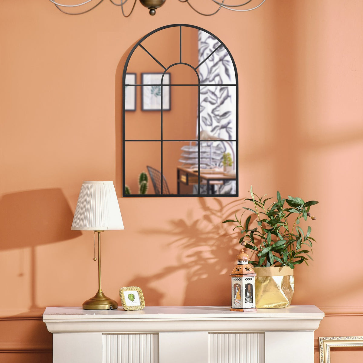 Arched Window Wall Mirror 91X60Cm Metal Frame Glass For Living Room Bedroom Dining Room Hallway Black