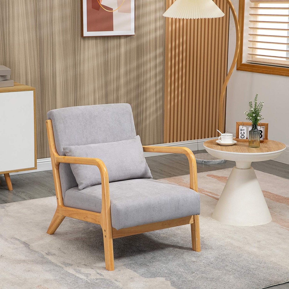 Armchair Lounge Chair with Armrest, Lumbar Cushion, Padded Relaxation Chair with Wooden Frame, Velvet Look, S-Feather, for Bedroom, Living Room, Gray
