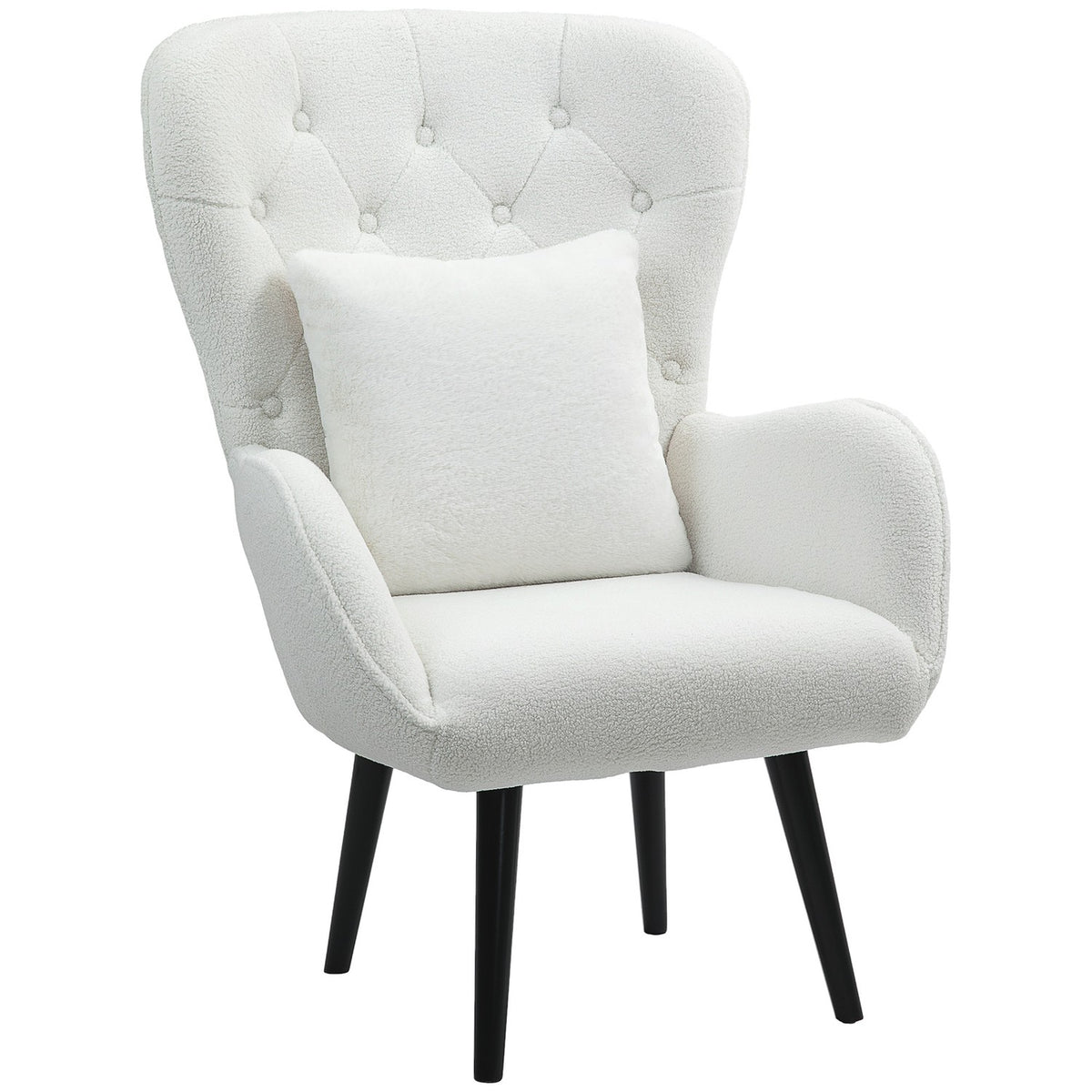 Armchair Lounge Chair with Lumbar Cushion, Padded Teddy Armchair with Wooden Legs, Diamond Tufted Back, Relaxation Chair for Living Room, Bedroom, White