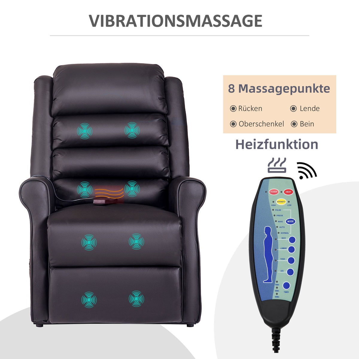 Armchair Massage Chair Relaxation Chair With Stand-Up Aid Reclining Function Cup Holder Heating Function, Made Of Faux Leather, Brown