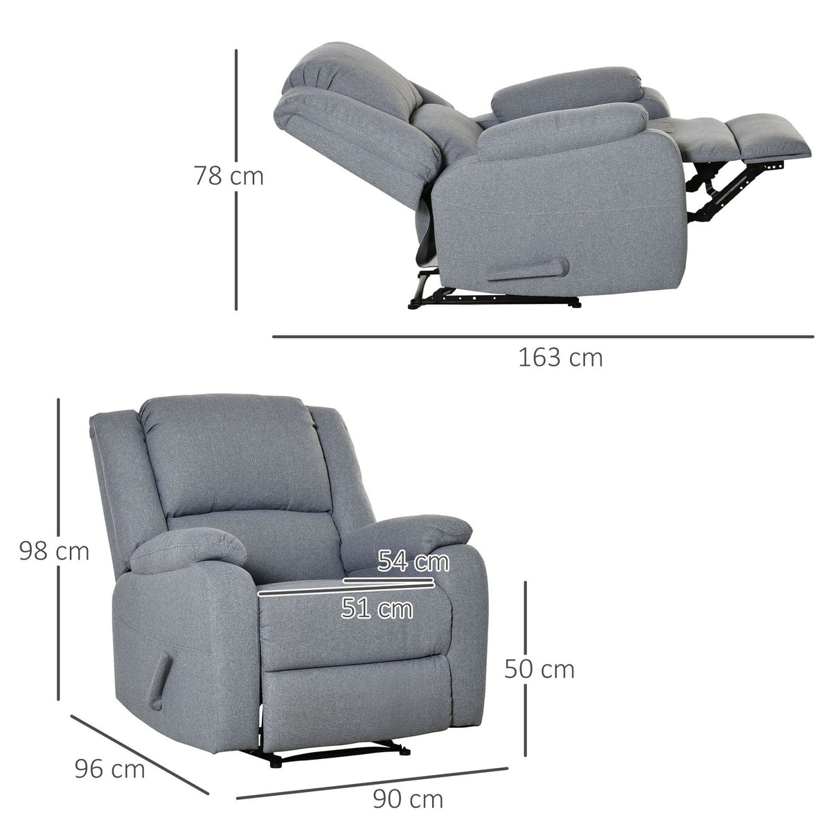 Armchair, Relaxation Chair, Tv Armchair With Reclining Function, Side Pocket, Linen-Like Polyester, Gray, 90 X 96 X 98 Cm
