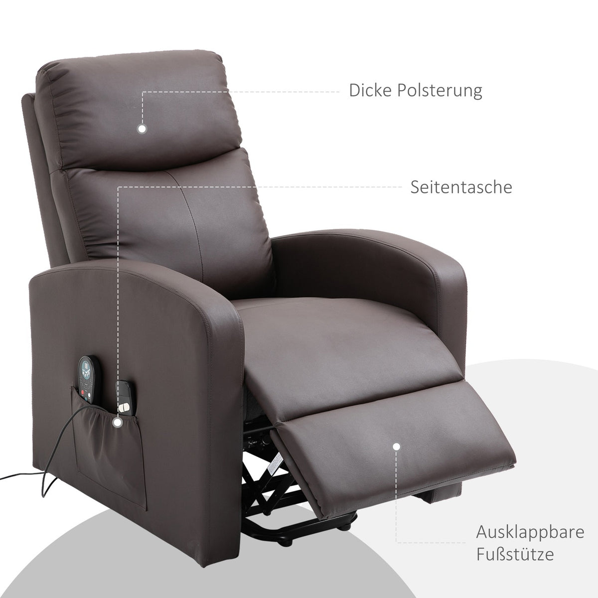 Armchair, Relaxation Chair With Stand-Up Aid, Electric Massage Chair With Reclining Function And Remote Control, Side Pocket Made Of Faux Leather, Brown