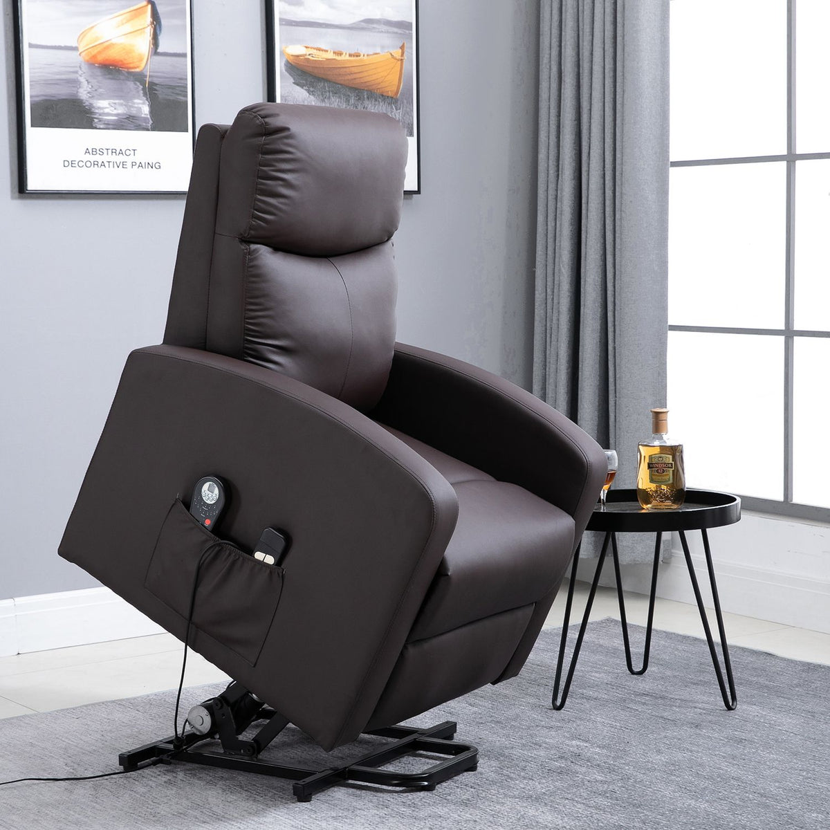 Armchair, Relaxation Chair With Stand-Up Aid, Electric Massage Chair With Reclining Function And Remote Control, Side Pocket Made Of Faux Leather, Brown