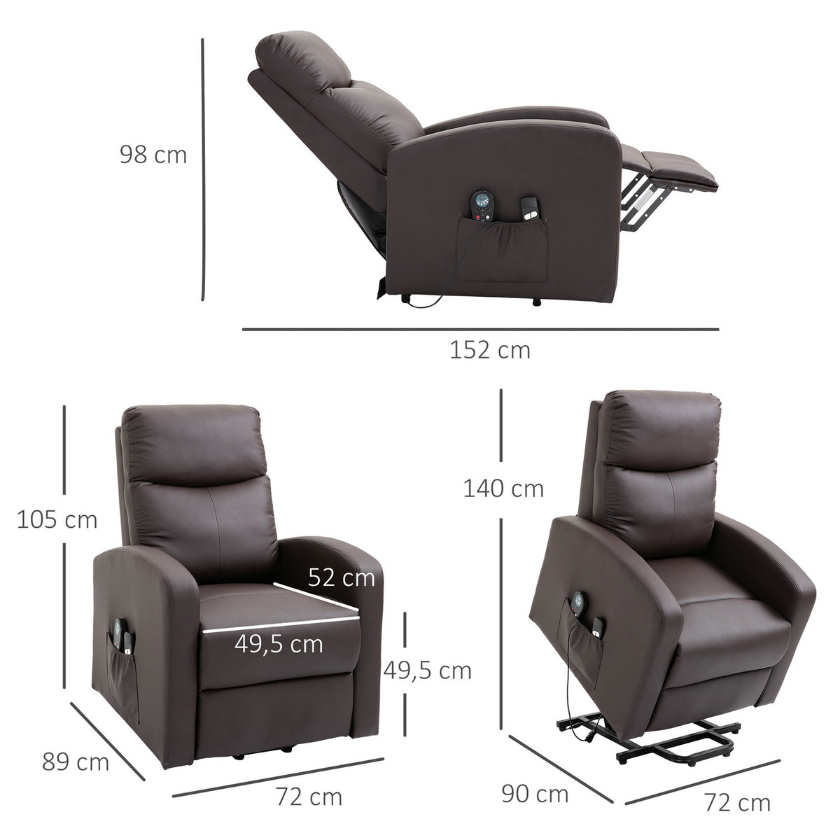 Armchair, Relaxation Chair With Stand-Up Aid, Electric Massage Chair With Reclining Function And Remote Control, Side Pocket Made Of Faux Leather, Brown