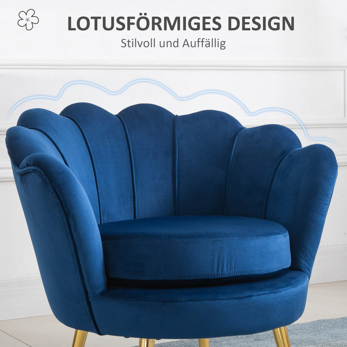 Armchair Upholstered Armchair in Shell Shape Relaxation Chair with Metal Legs Dressing Chair with Velvet Look for Bedroom Living Room Blue