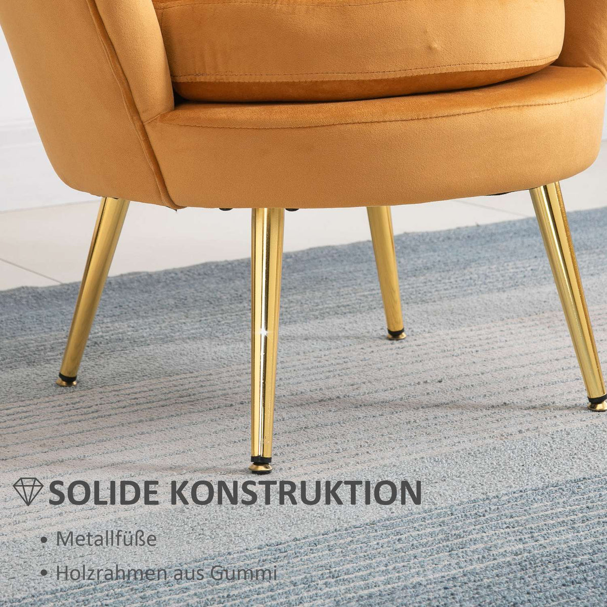 Armchair Upholstered Armchair in Shell Shape Relaxation Chair with Metal Legs Dressing Chair with Velvet Look for Bedroom Living Room Yellow