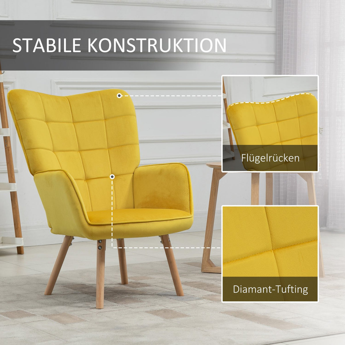 Armchair Wing Chair with Armrests, Wooden Frame Padded Lounge Chair with Velvet Look, Relaxation Chair for Living Room, Bedroom, Yellow