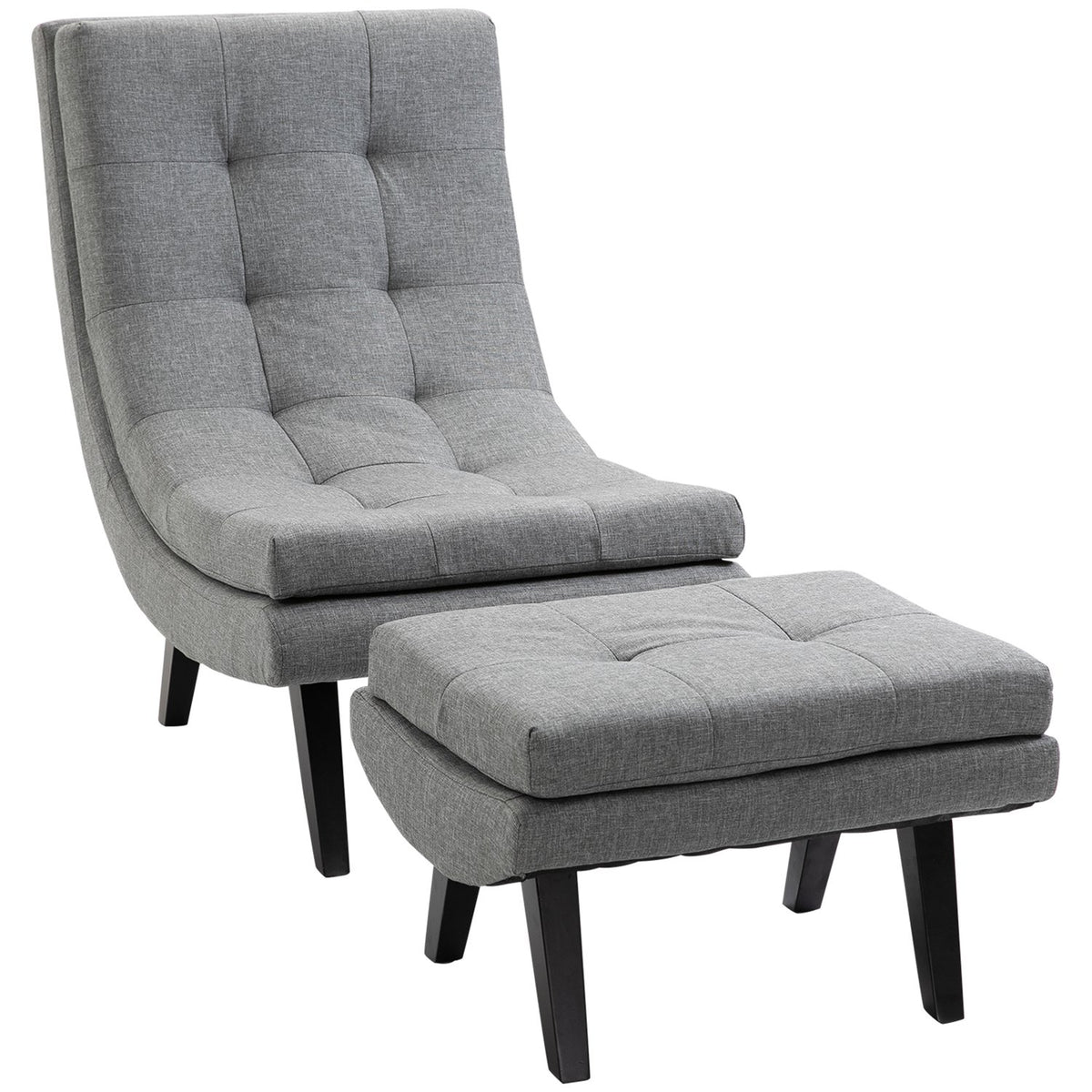 Armchair With Footstool, Relaxation Lounger, Chaise Longue, Rubber Wood Legs, Linen, Grey, 65X100X84Cm
