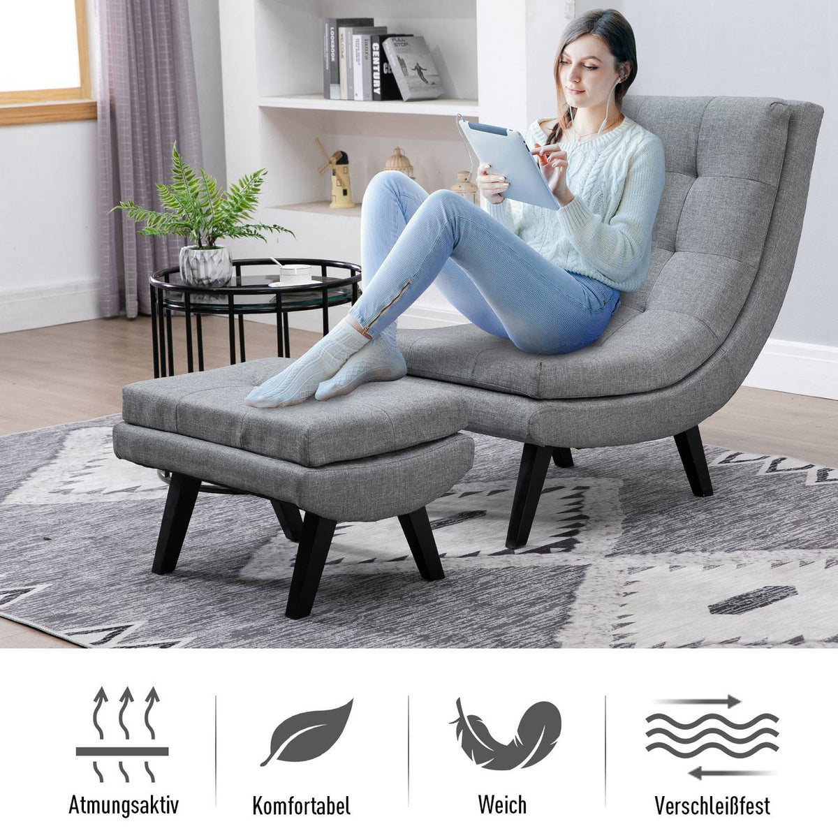 Armchair With Footstool, Relaxation Lounger, Chaise Longue, Rubber Wood Legs, Linen, Grey, 65X100X84Cm