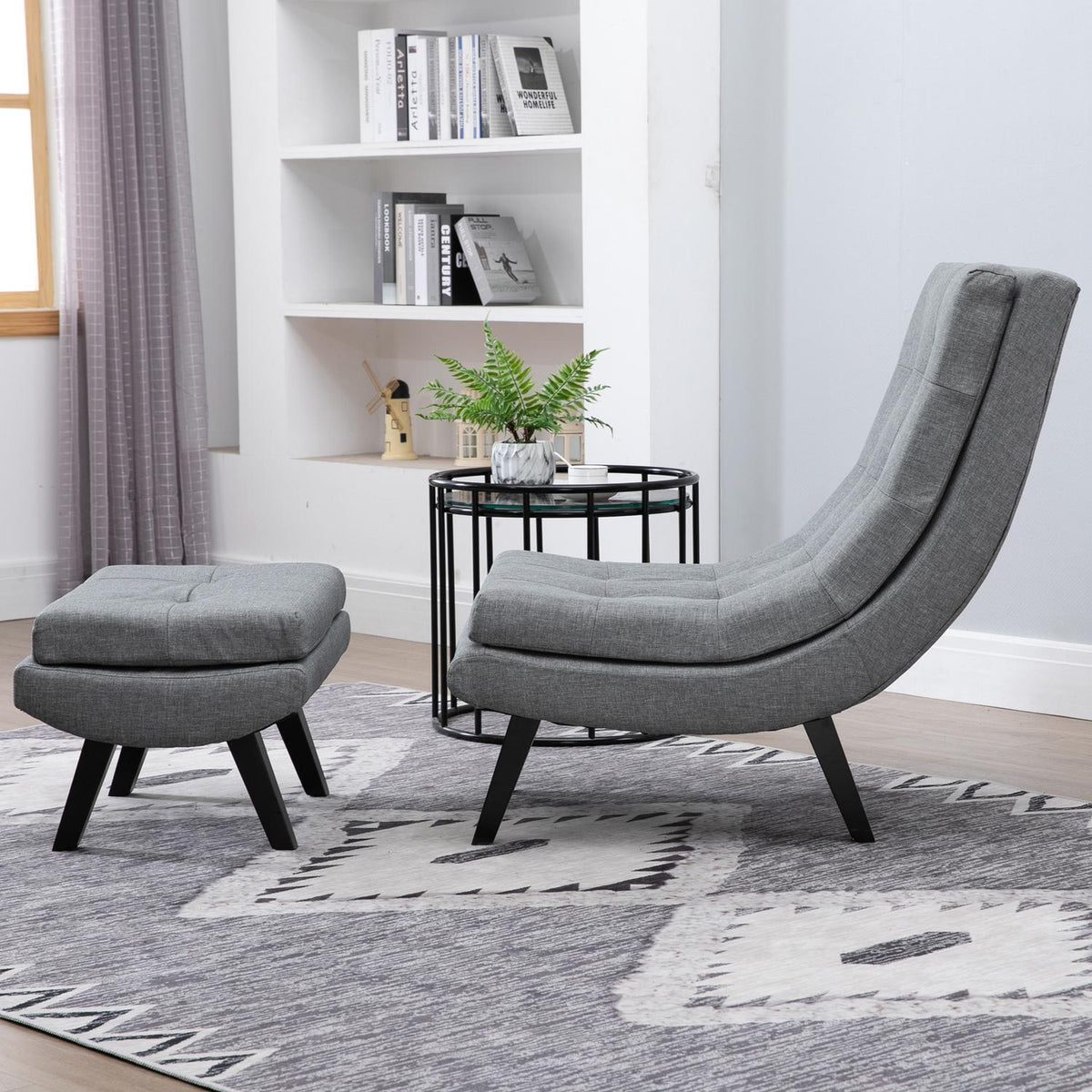 Armchair With Footstool, Relaxation Lounger, Chaise Longue, Rubber Wood Legs, Linen, Grey, 65X100X84Cm