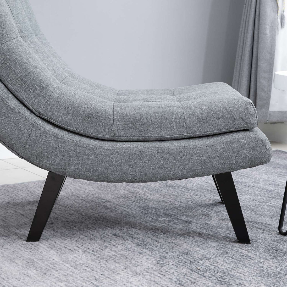 Armchair With Footstool, Relaxation Lounger, Chaise Longue, Rubber Wood Legs, Linen, Grey, 65X100X84Cm