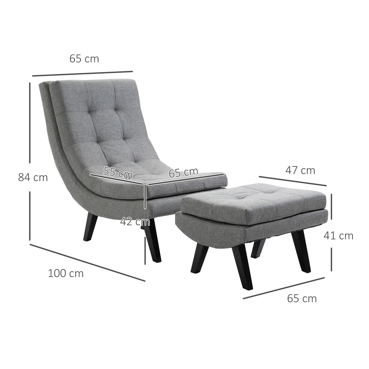Armchair With Footstool, Relaxation Lounger, Chaise Longue, Rubber Wood Legs, Linen, Grey, 65X100X84Cm