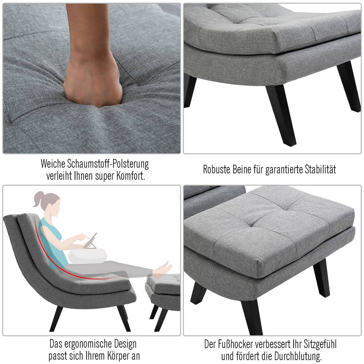 Armchair With Footstool, Relaxation Lounger, Chaise Longue, Rubber Wood Legs, Linen, Grey, 65X100X84Cm