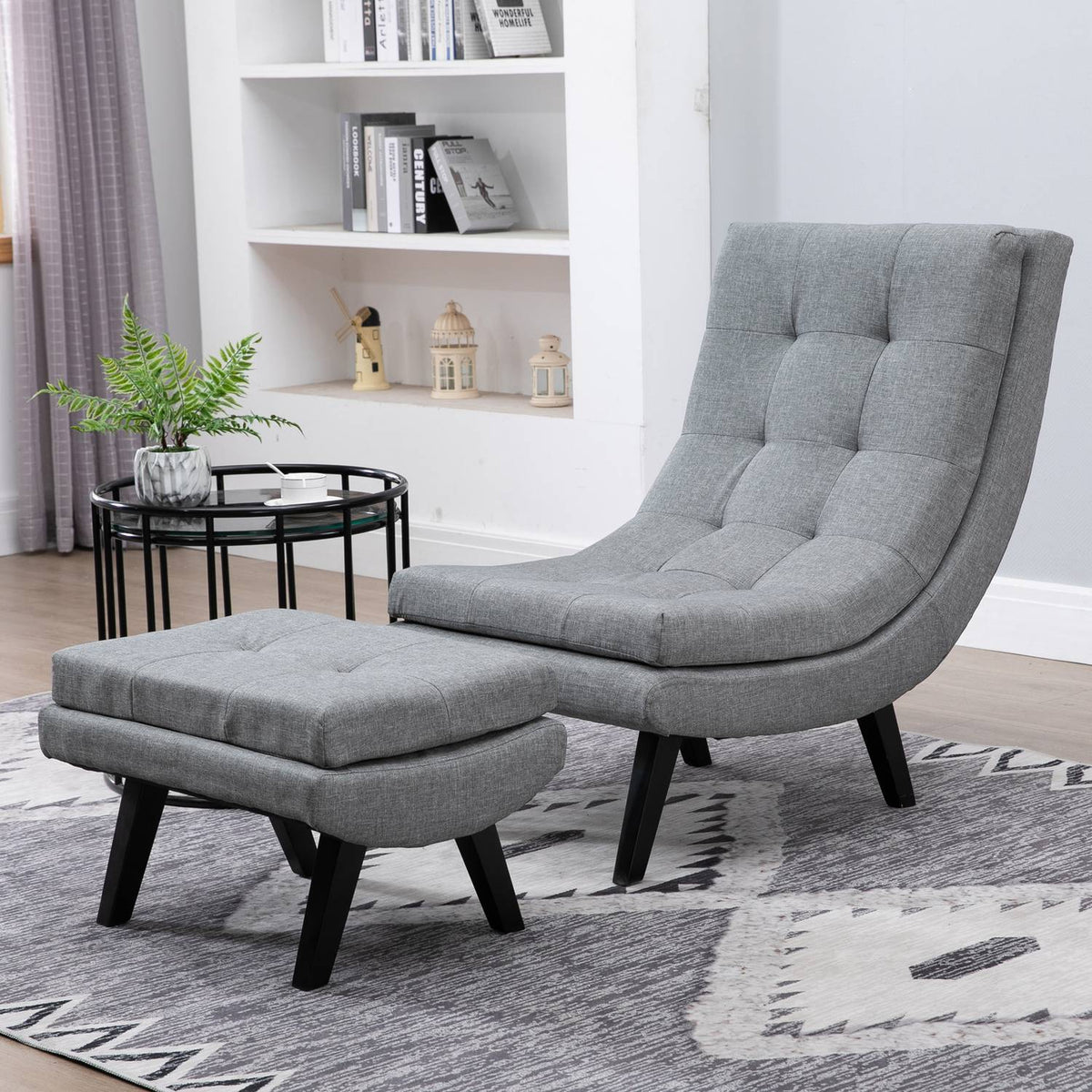 Armchair With Footstool, Relaxation Lounger, Chaise Longue, Rubber Wood Legs, Linen, Grey, 65X100X84Cm