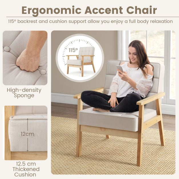 Armchair With Rubber Wood Armrests, Beige, 440 lb