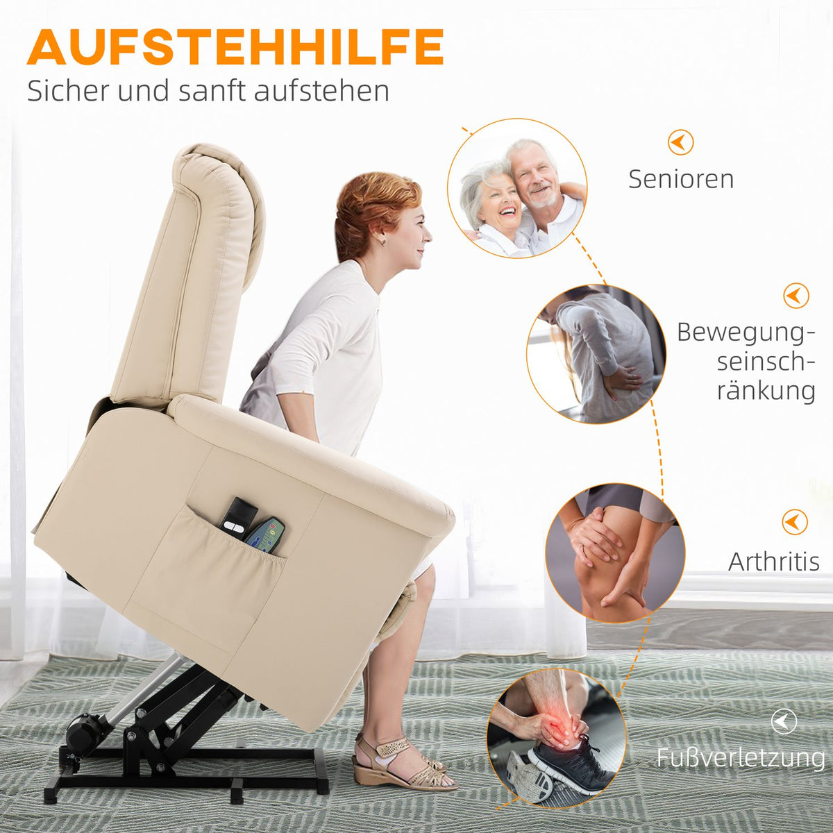 Armchair With Stand-Up Aid, Adjustable Relaxation Chair, Electric Massage Chair With Heating Function, With Remote Control, Made Of Faux Leather, Cream