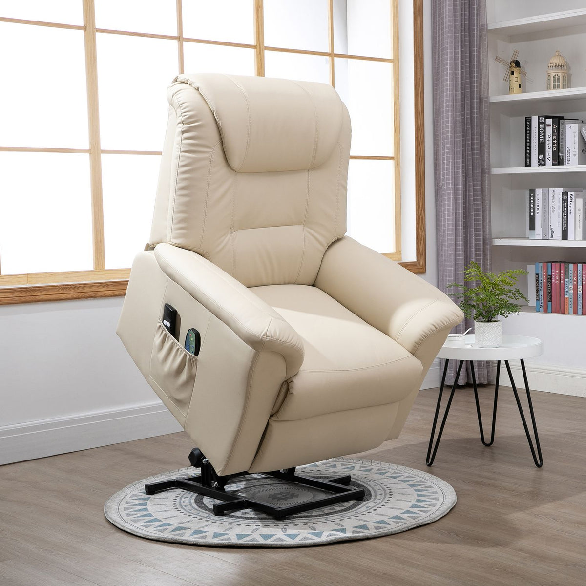 Armchair With Stand-Up Aid, Adjustable Relaxation Chair, Electric Massage Chair With Heating Function, With Remote Control, Made Of Faux Leather, Cream