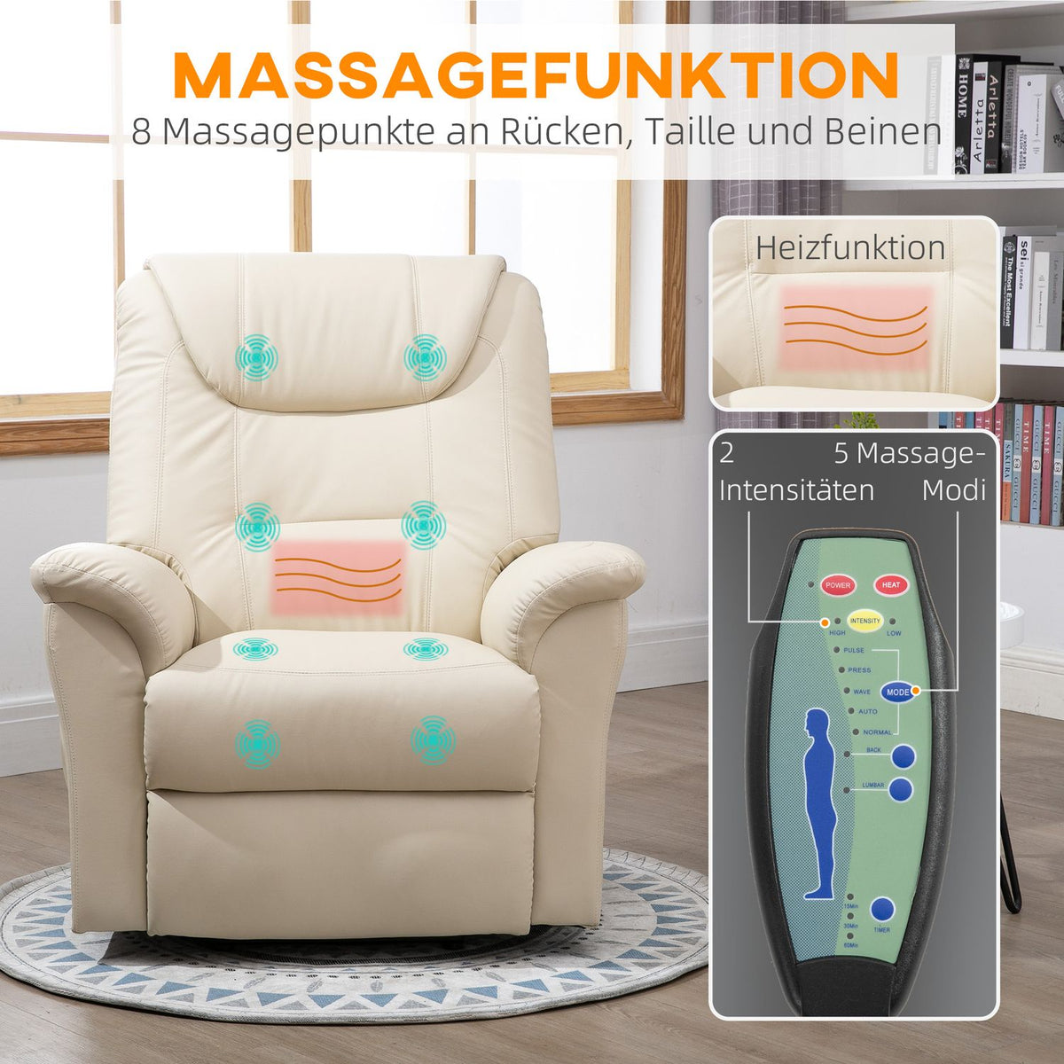 Armchair With Stand-Up Aid, Adjustable Relaxation Chair, Electric Massage Chair With Heating Function, With Remote Control, Made Of Faux Leather, Cream